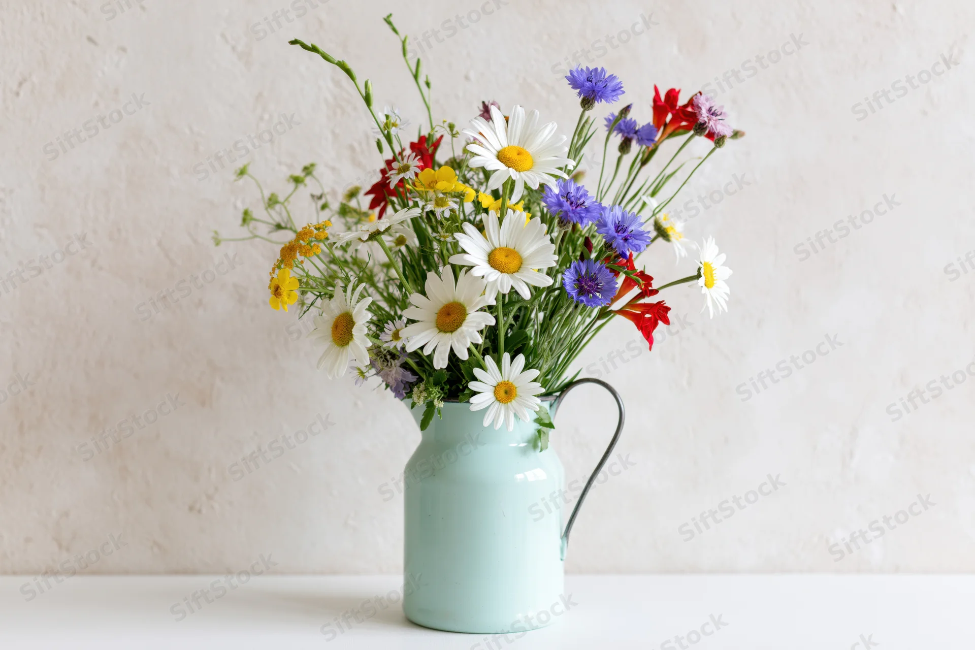 Mixed wildflowers arranged in a mint enamel pitcher on a white table against a textured wall