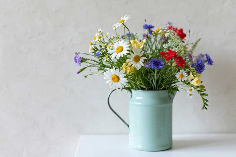 Mixed wildflowers arranged in a mint enamel pitcher on a white table