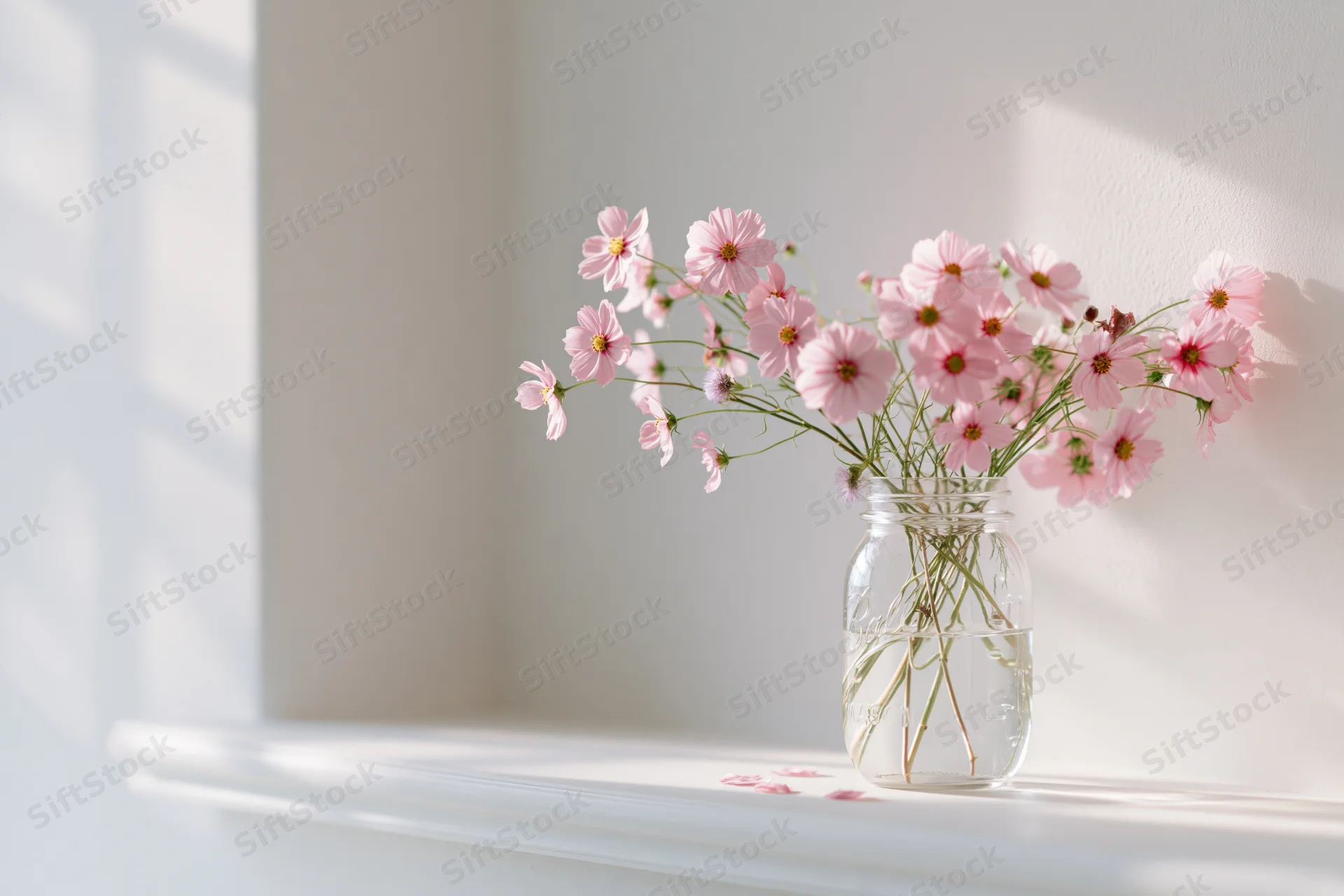 Pink cosmos flowers in a glass jar on a white windowsill with sunlight streaming in