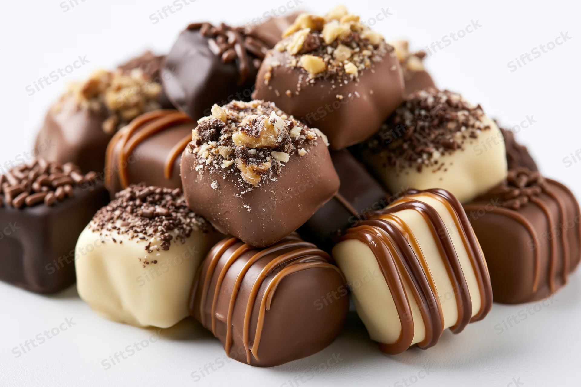 Assorted chocolate pralines and truffles piled together on a white background