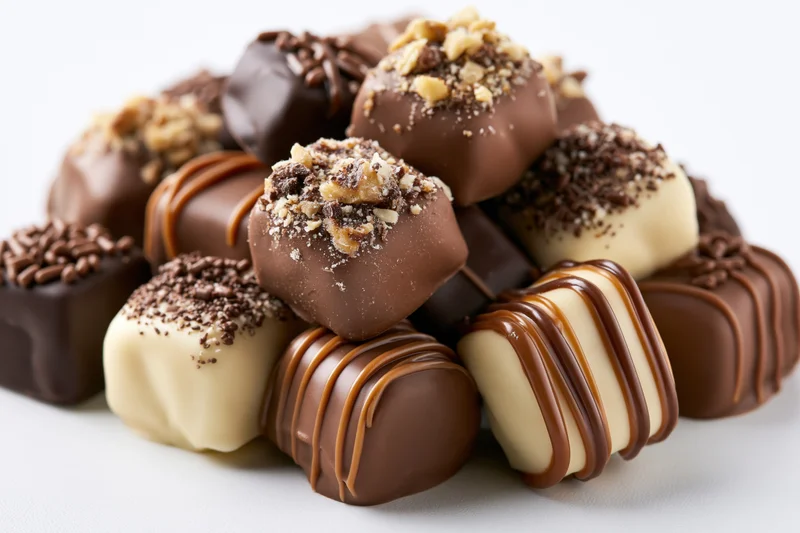 Assorted chocolate pralines and truffles piled together on a white background