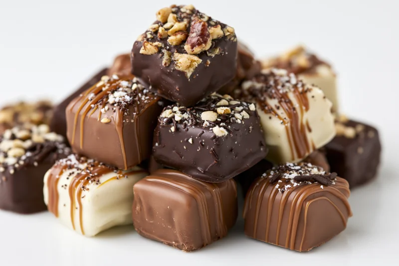 Assorted chocolate pralines and truffles piled together on a white surface