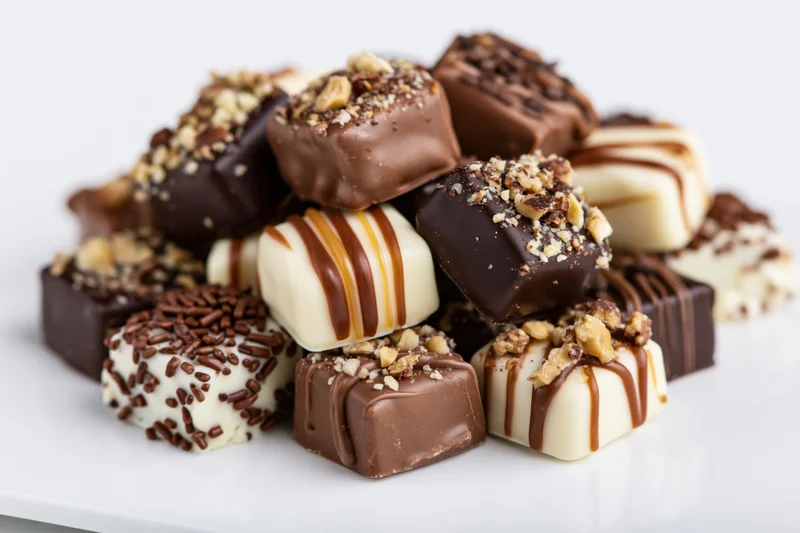 Assorted chocolate pralines and truffles piled on a white surface