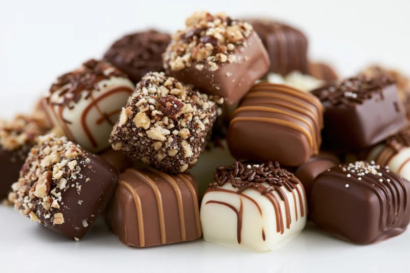 Assorted chocolate pralines and truffles piled together on a white surface