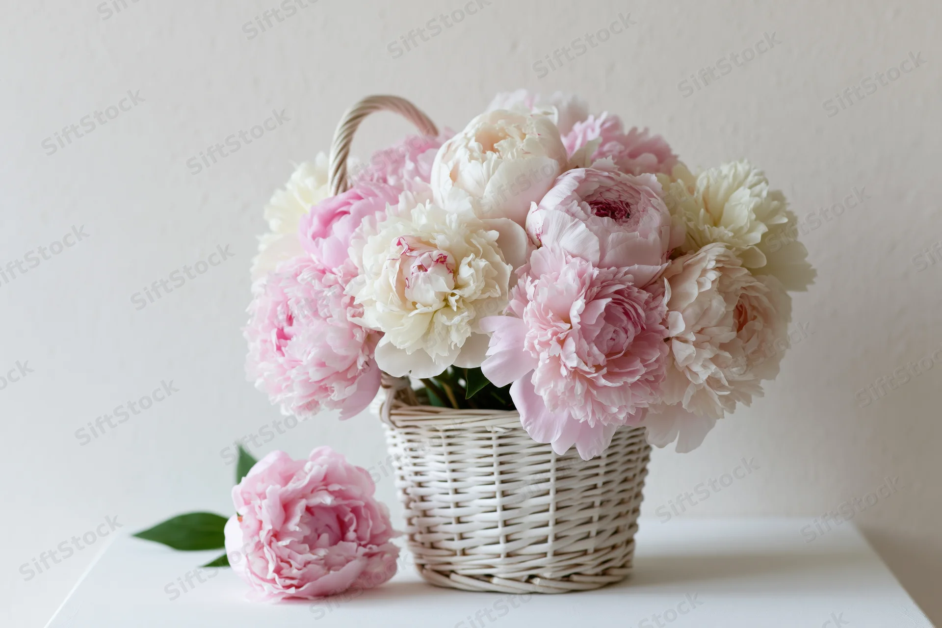 Pink and cream peonies arranged in a white wicker basket on a table