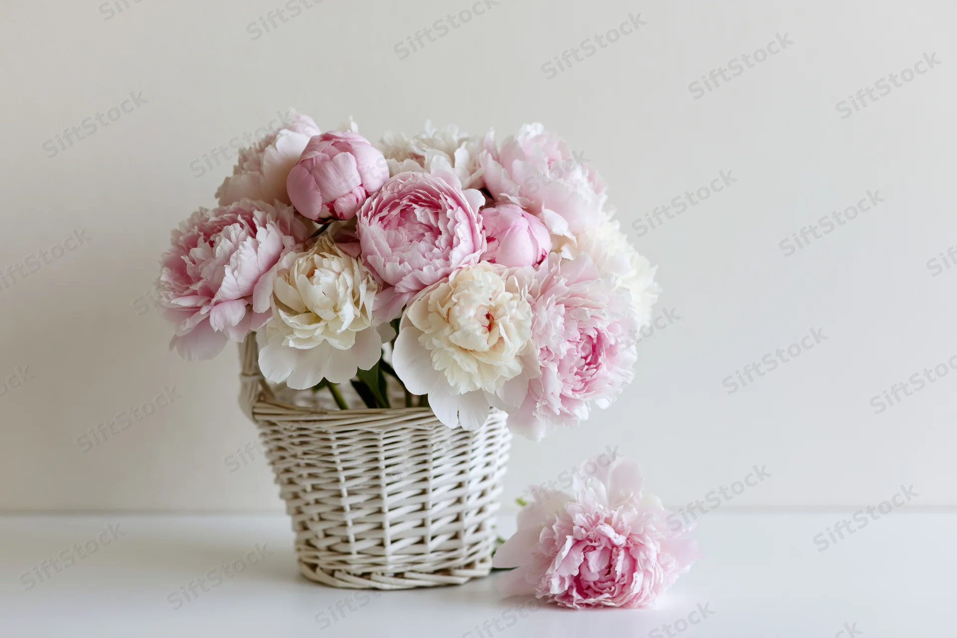 Pink and cream peonies arranged in a white wicker basket on a white surface