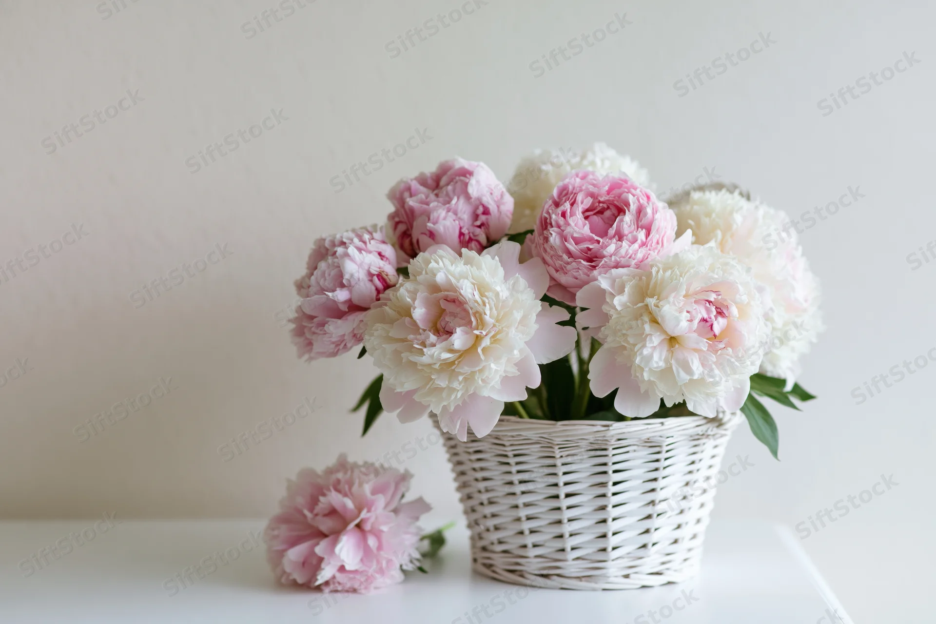 Pink and cream peonies arranged in a white wicker basket on a table