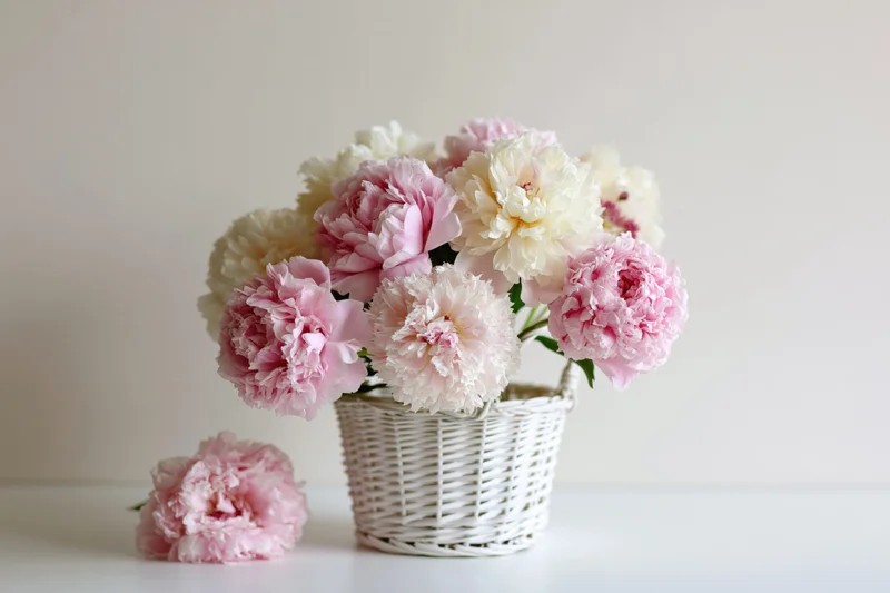 Pink and cream peonies arranged in a white wicker basket on a table