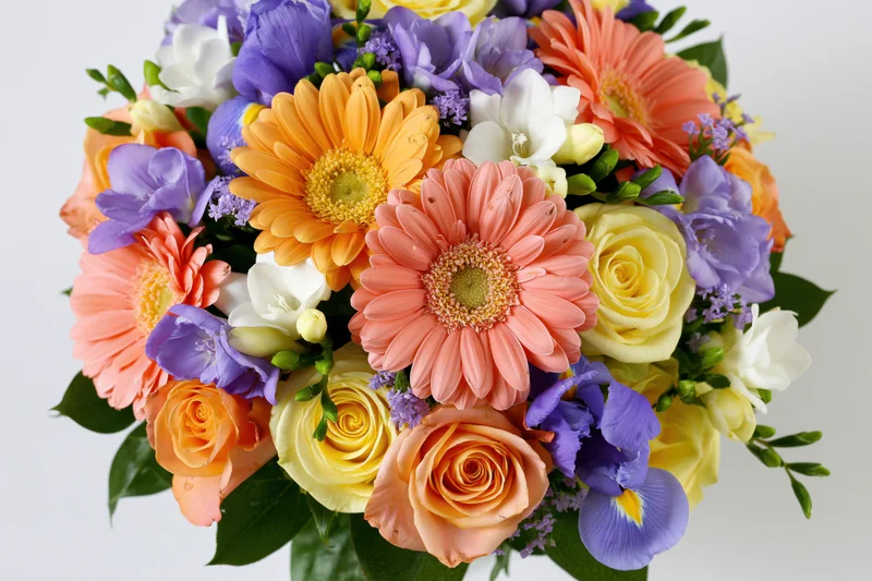 A dense mixed bouquet of gerbera daisies, roses, and irises arranged with greenery on a white background
