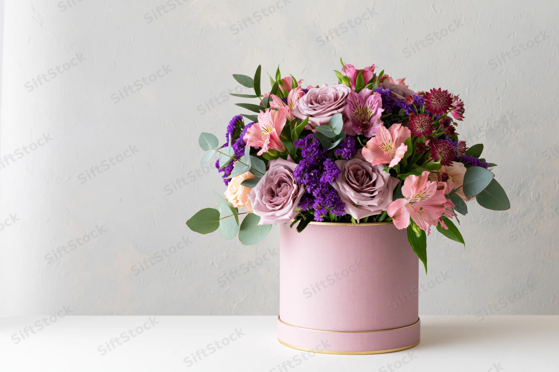 Lush mixed flower bouquet in a pink cylindrical box on a white surface