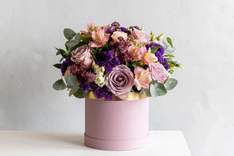 Lush mixed flower bouquet in pink cylindrical box on white table