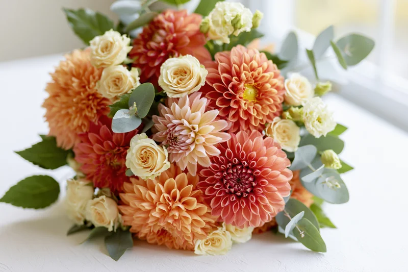 Lush mixed bouquet of dahlias, roses and eucalyptus on white surface