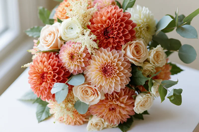Lush mixed flower bouquet with dahlias, roses and eucalyptus on white surface