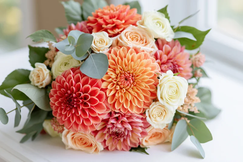 Lush mixed bouquet of dahlias, roses and eucalyptus resting on white surface near window