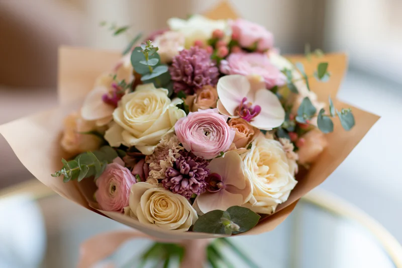 Lush mixed flower bouquet wrapped in kraft paper with roses, peonies, orchids and eucalyptus greenery