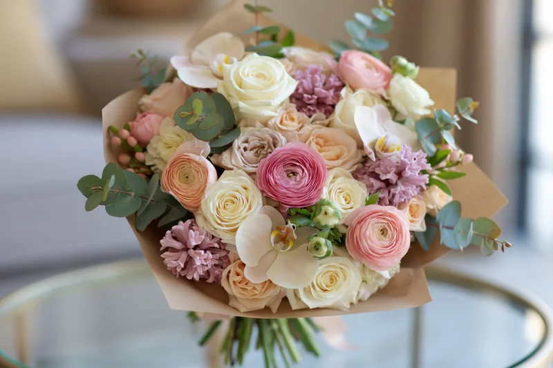 Lush mixed flower bouquet wrapped in kraft paper resting on glass table