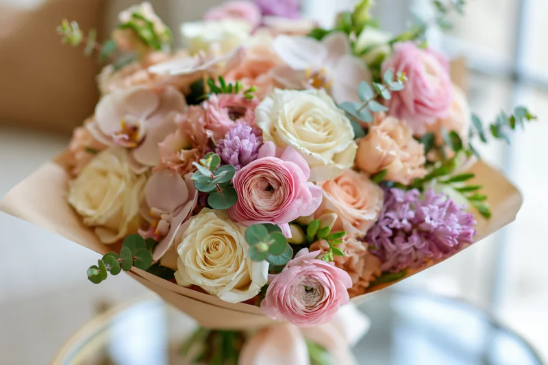 Lush mixed flower bouquet wrapped in kraft paper sitting on a table