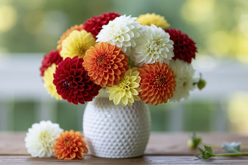 Mixed dahlia bouquet in white textured vase on wooden table outdoors