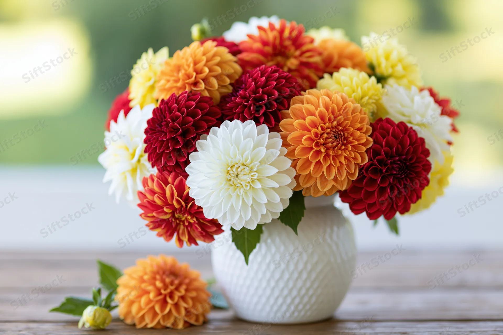 Mixed bouquet of red orange yellow and white dahlias in a white textured vase on a wooden table