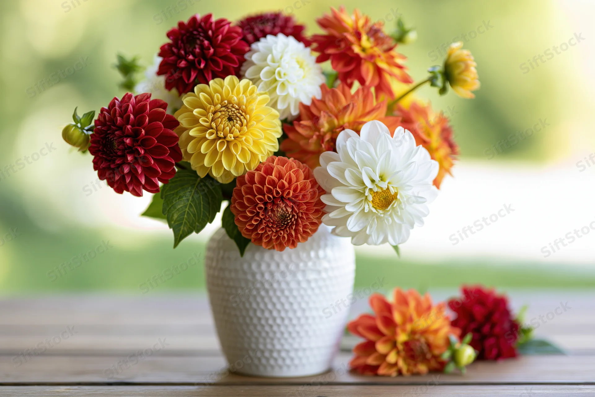 Mixed bouquet of red orange yellow and white dahlias in a white textured vase on a wooden table outdoors