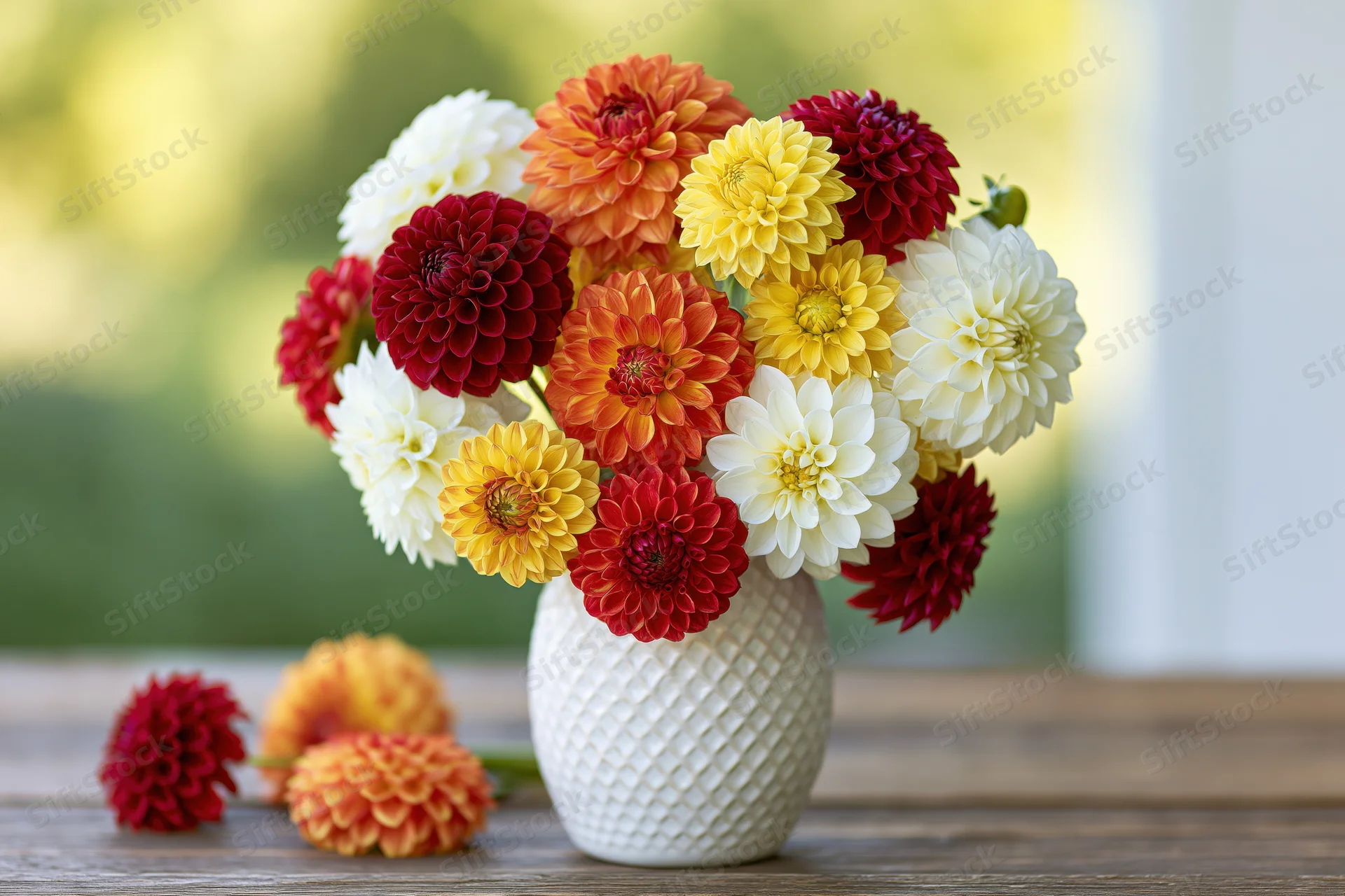 Mixed bouquet of red orange yellow and white dahlias in a white textured vase on a wooden table