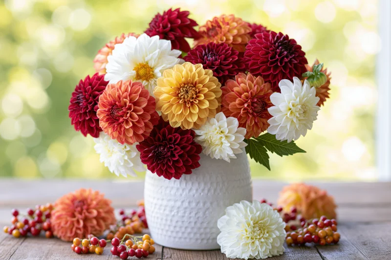 Mixed dahlia bouquet in white vase on wooden table near window