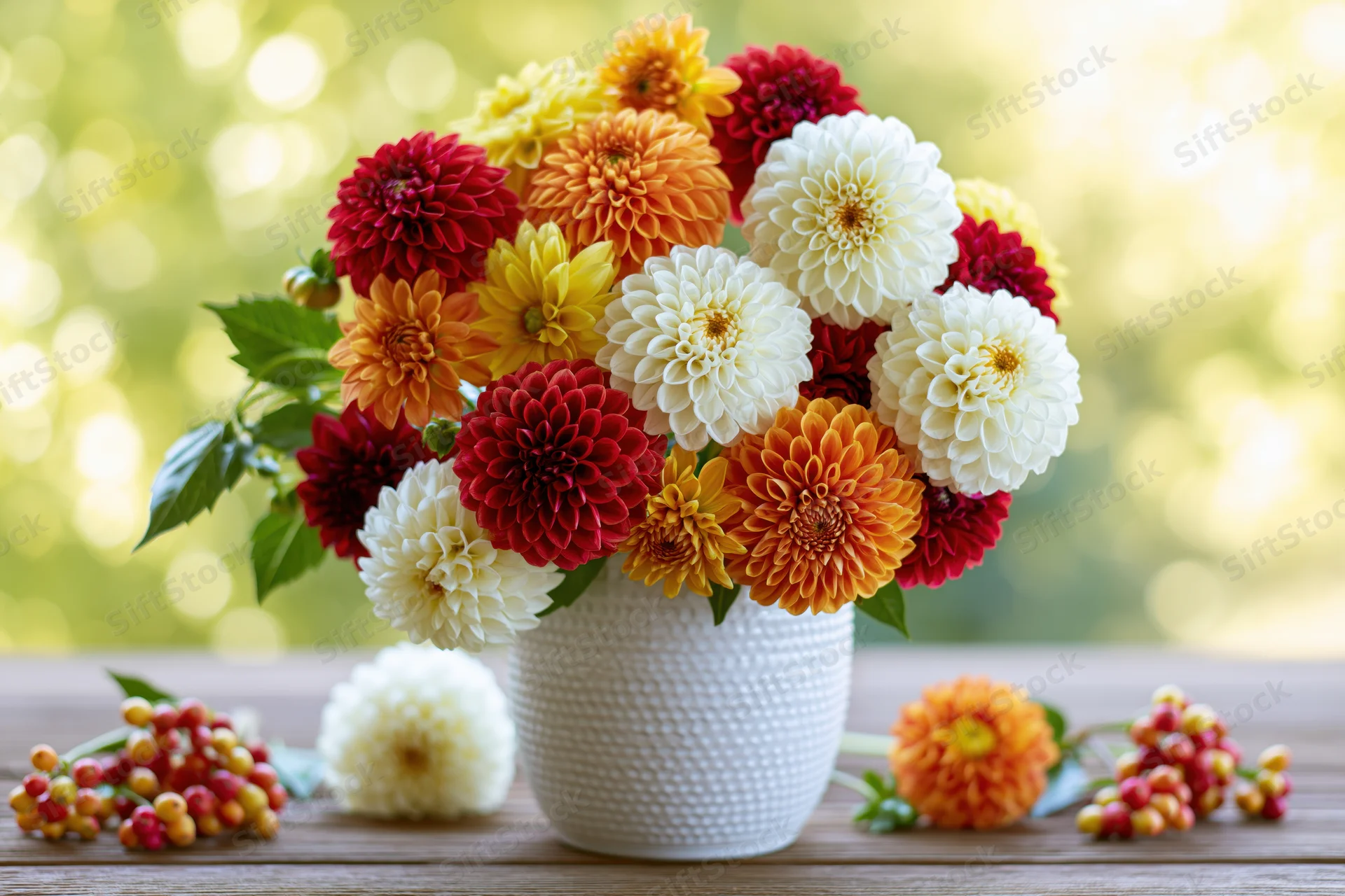 Mixed dahlia bouquet in white vase on wooden table with blurred green background