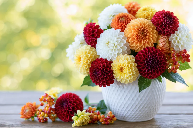 Mixed dahlia bouquet in white vase on wooden table with scattered blooms and berries