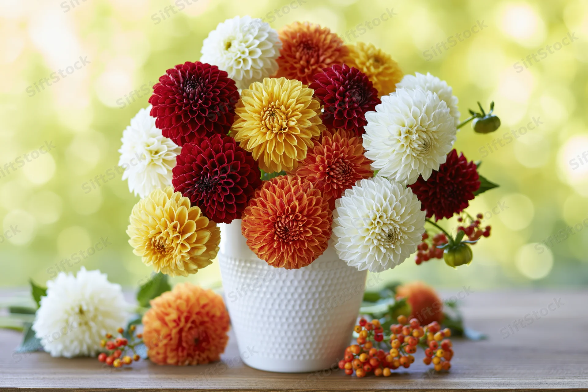Mixed bouquet of red orange yellow and white dahlias in a white textured vase on a wooden table with blurred green background