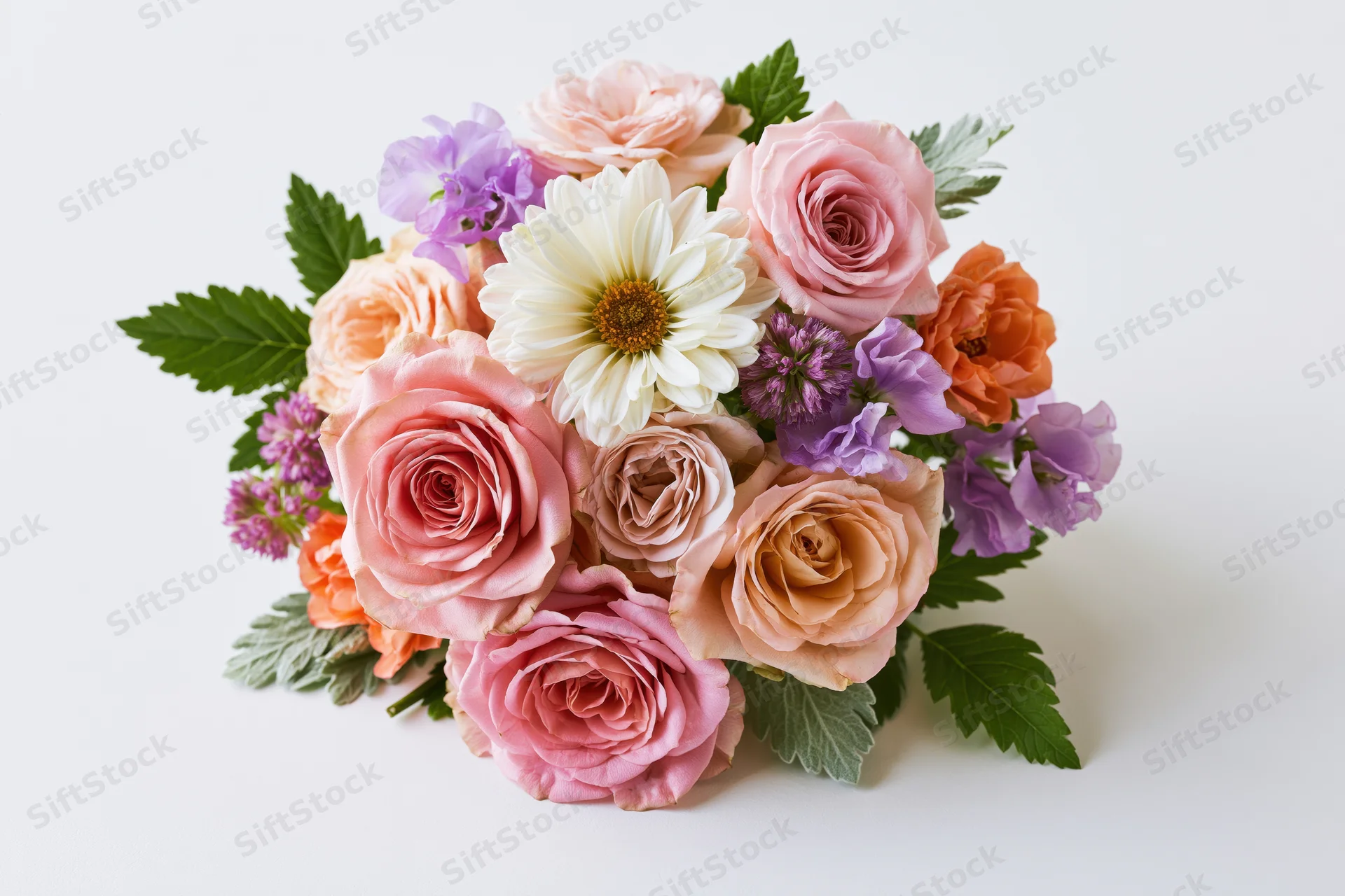 Mixed floral bouquet with pink roses, white daisies, purple asters and green leaves on white background