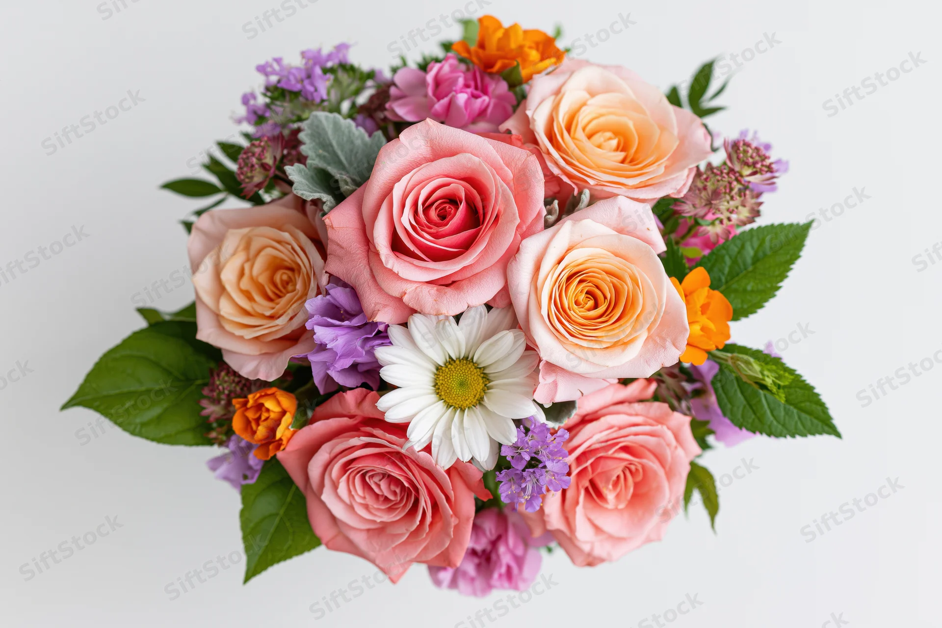 Mixed floral bouquet with pink and peach roses, daisies, and greenery on white background