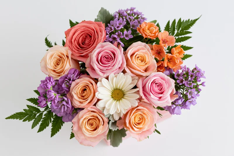 Mixed floral bouquet with pink peach orange and purple flowers arranged with greenery on white background
