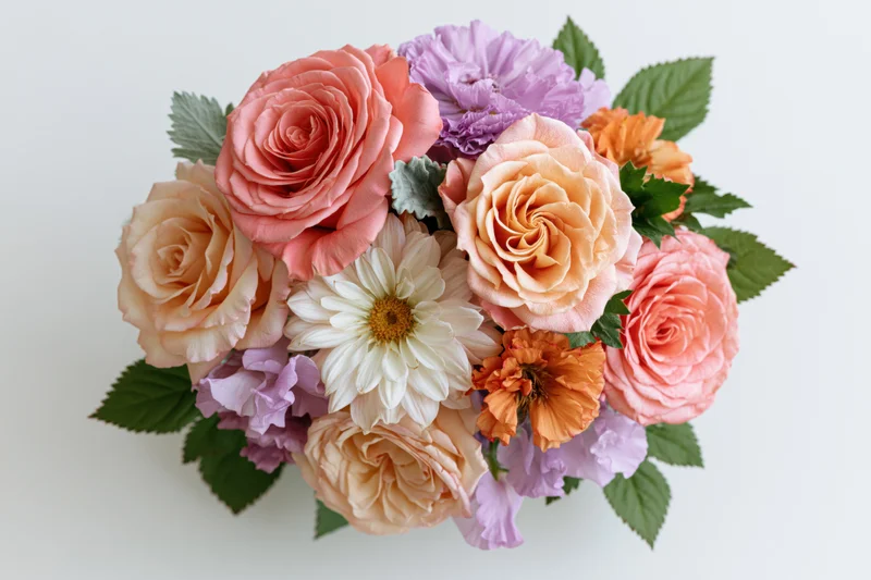 Mixed floral bouquet with pink peach white purple and orange flowers and green leaves on white background