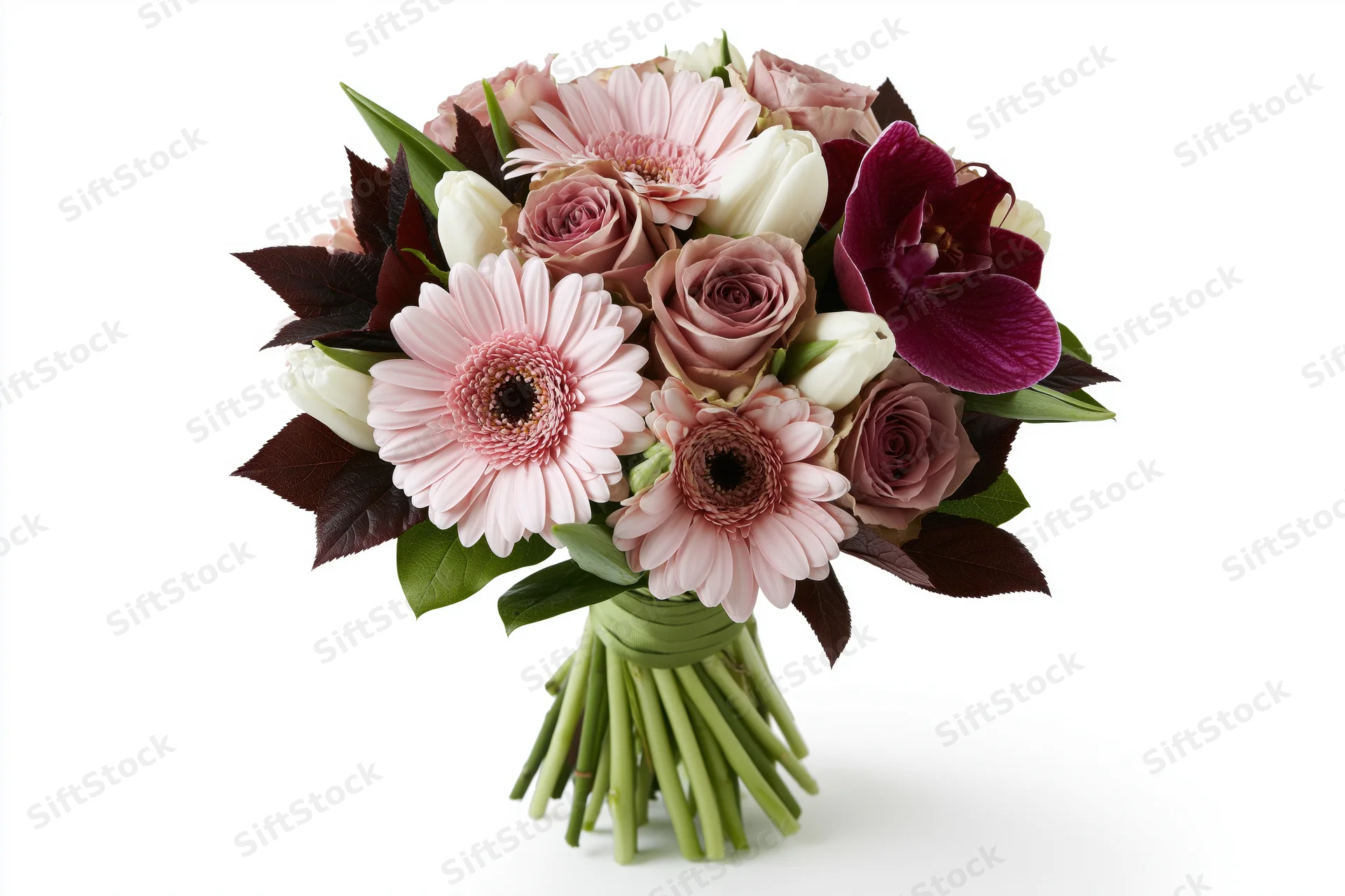 Mixed flower bouquet with gerberas, roses, orchids and tulips arranged upright against white background