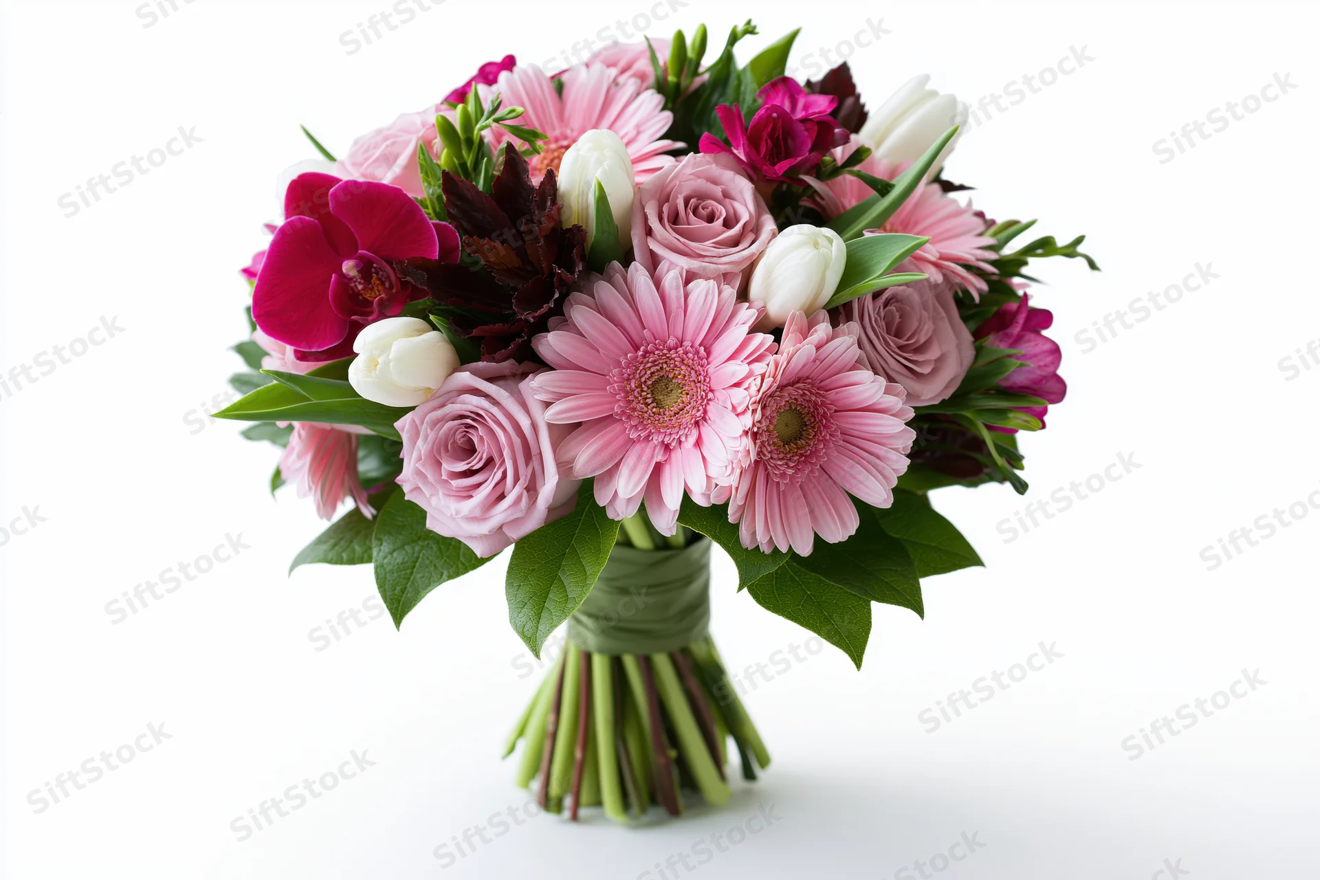 Mixed flower bouquet with pink roses, gerbera, orchids and tulips wrapped in green ribbon against white background