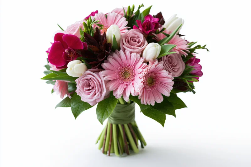 Mixed flower bouquet with pink roses, gerbera, orchids and tulips wrapped in green ribbon against white background