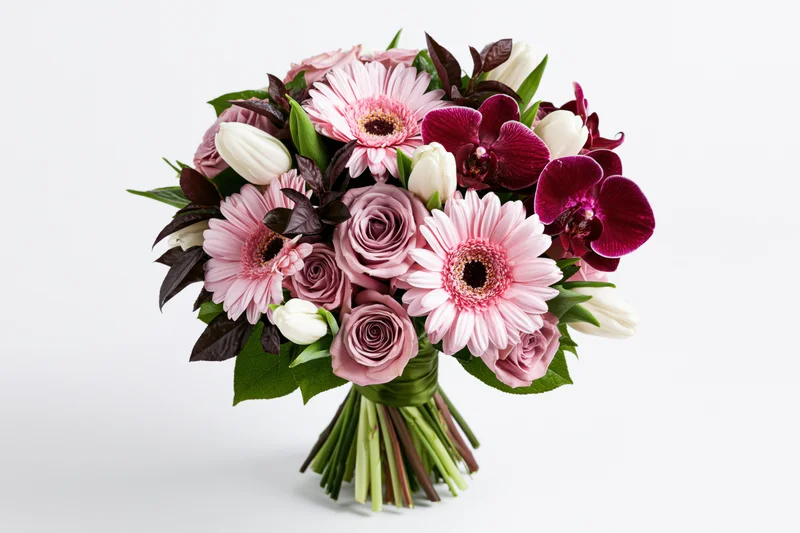 Mixed flower bouquet with pink roses, gerberas, orchids and white tulips arranged upright against a plain white background