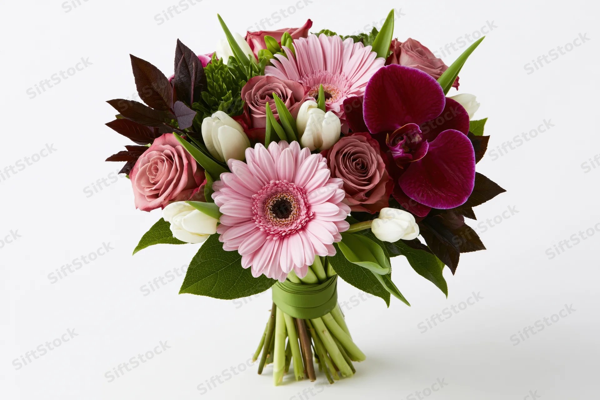 Mixed flower bouquet with roses, gerbera, orchid and tulips arranged with green ribbon on white background