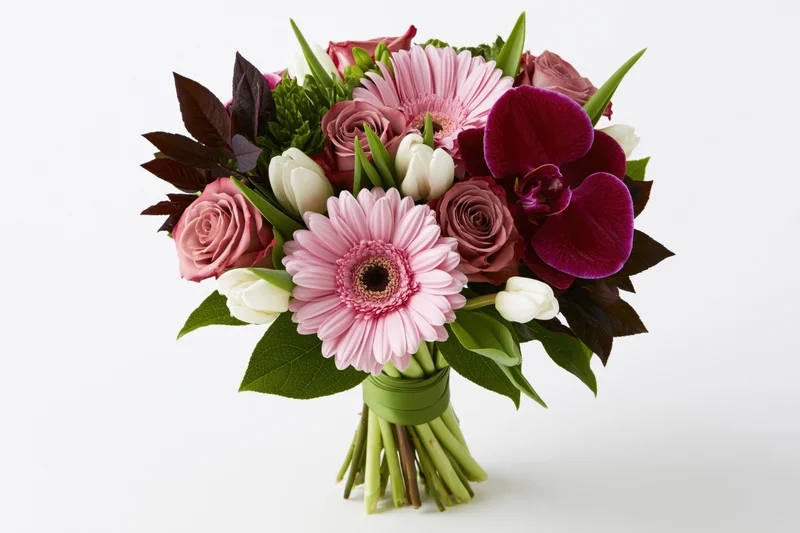 Mixed flower bouquet with roses, gerbera, orchid and tulips arranged with green ribbon on white background