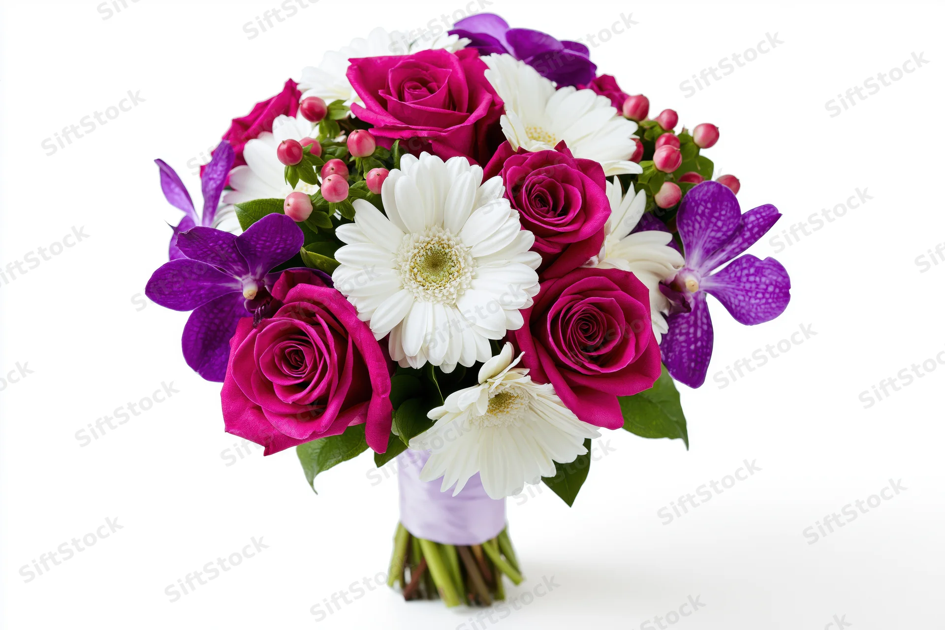 Mixed flower bouquet with pink roses, white gerbera, purple orchids, and green stems wrapped in lavender ribbon on white background