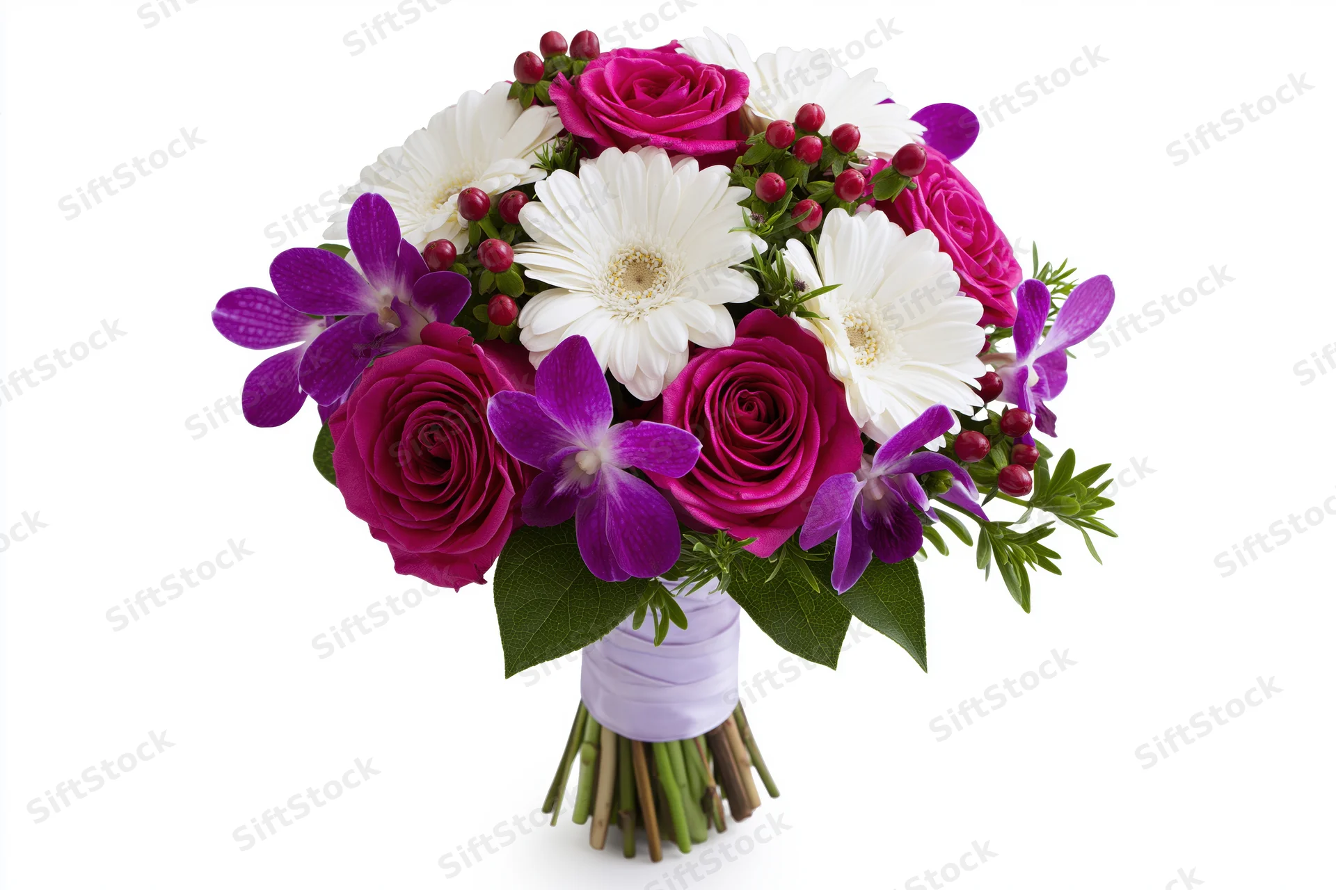 Mixed bouquet of pink roses, purple orchids and white daisies wrapped with ribbon on white background