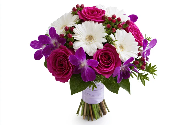 Mixed bouquet of pink roses, purple orchids and white daisies wrapped with ribbon on white background