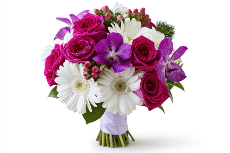 A mixed bouquet of deep pink roses, white daisies, and purple orchids wrapped in lavender ribbon, isolated on white