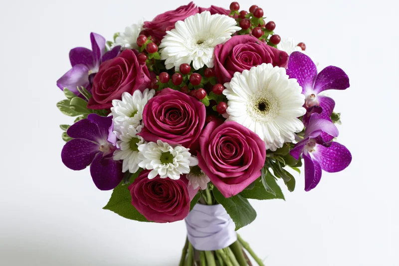 Mixed bouquet of deep pink roses, white gerbera, purple orchids and red berries wrapped with ribbon against white background