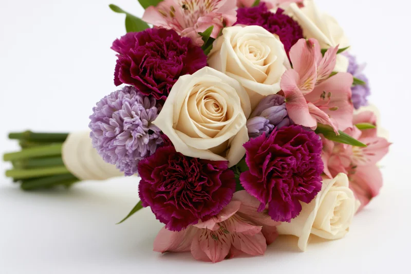 Mixed flower bouquet lying on its side with cream roses, purple carnations, pink alstroemeria, and lavender chrysanthemums on white background