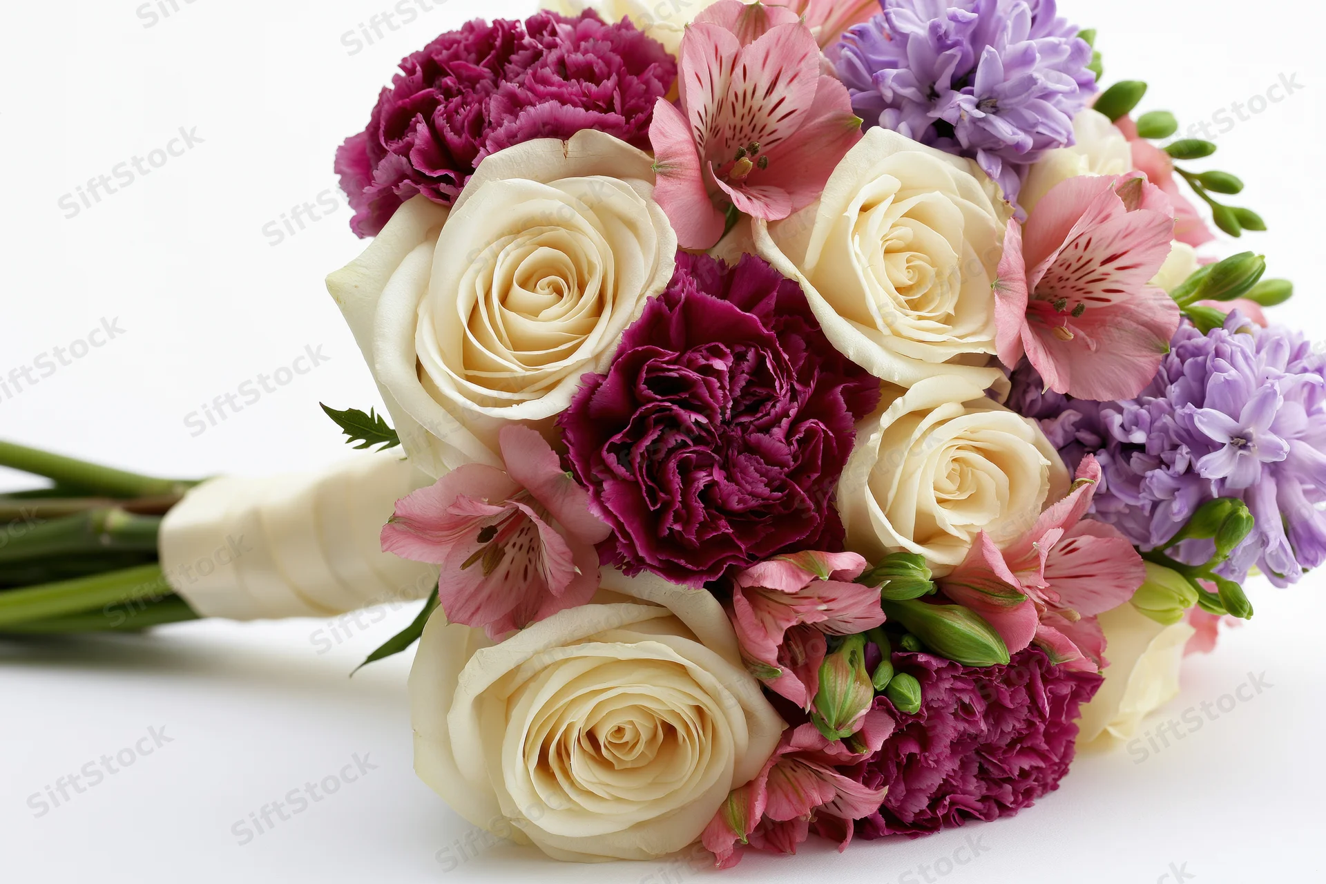 Mixed flower bouquet with cream roses, purple carnations and pink alstroemeria lying on white surface