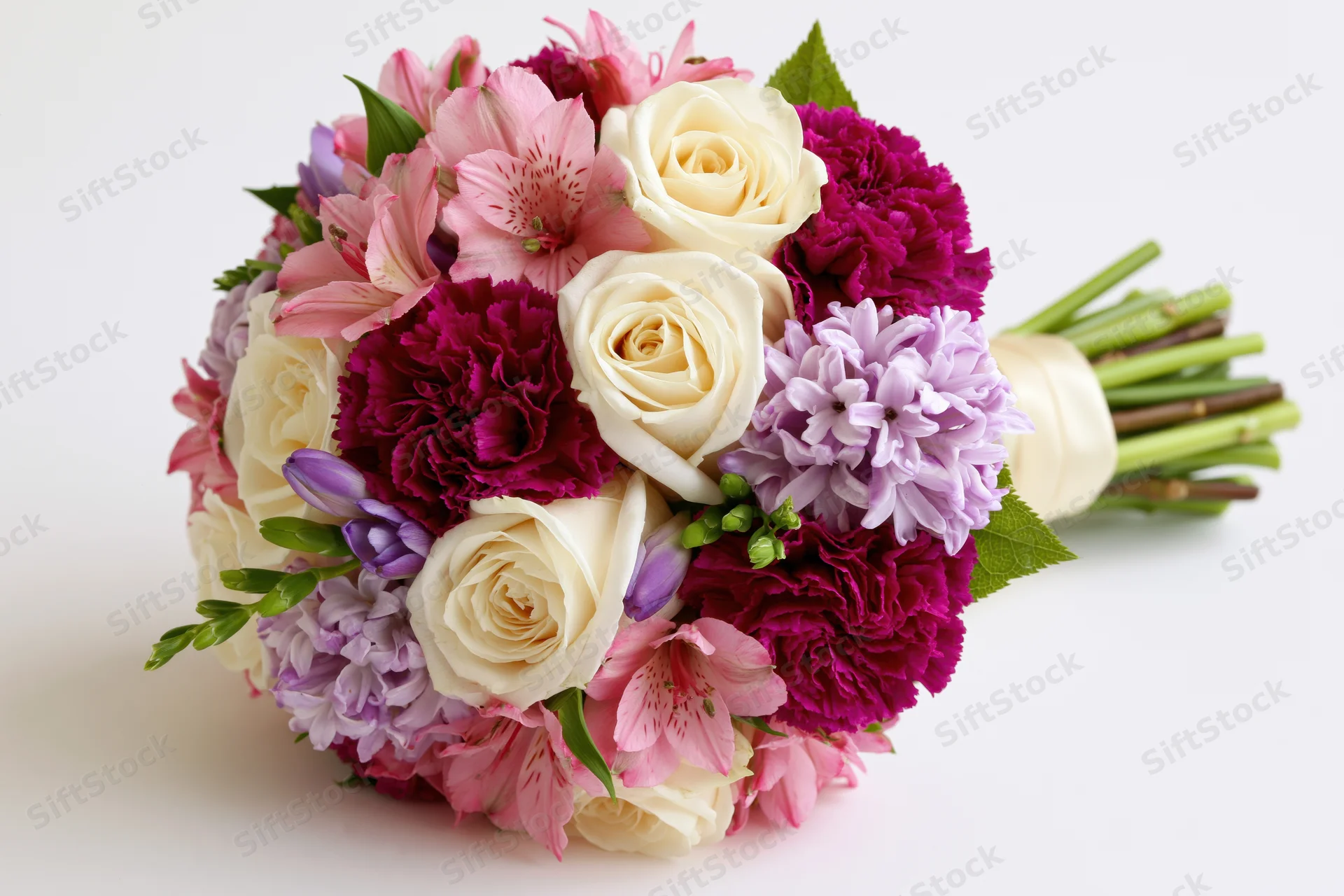 Mixed flower bouquet with cream roses, pink alstroemeria, purple carnations and lilac hyacinths lying on white surface