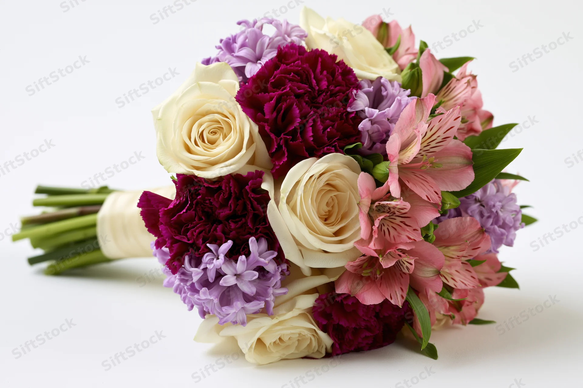 Mixed flower bouquet lying on its side with cream roses, purple carnations, pink alstroemeria, and green stems wrapped in ribbon on white background