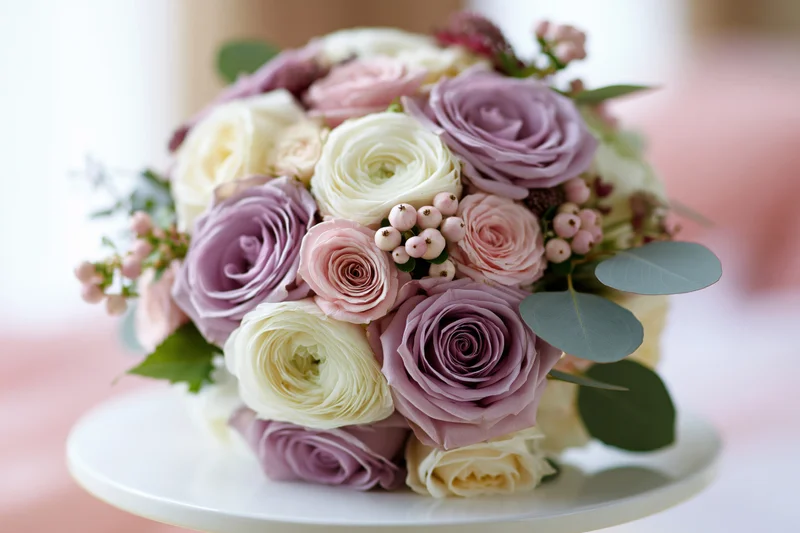 A mixed wedding bouquet of lavender roses and white ranunculus arranged on a white cake stand