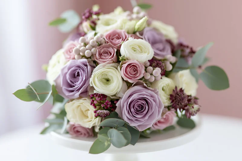 A mixed wedding bouquet of lavender roses and white ranunculus arranged with eucalyptus on a white cake stand